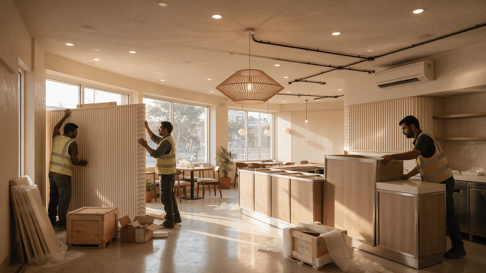 Installers fixing a factory-finished wall panel and aligning a prefabricated counter in a café